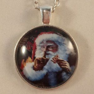 Silver Santa Claus Cabochon Pendant Necklace 20" Party Gift